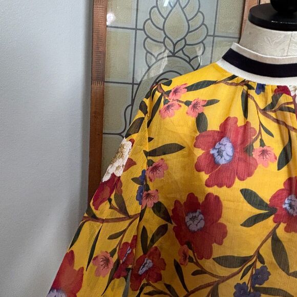 French Connection Eloise Floral Print Striped Trim Sheer Blouse Top Size 12 - Picture 6 of 11